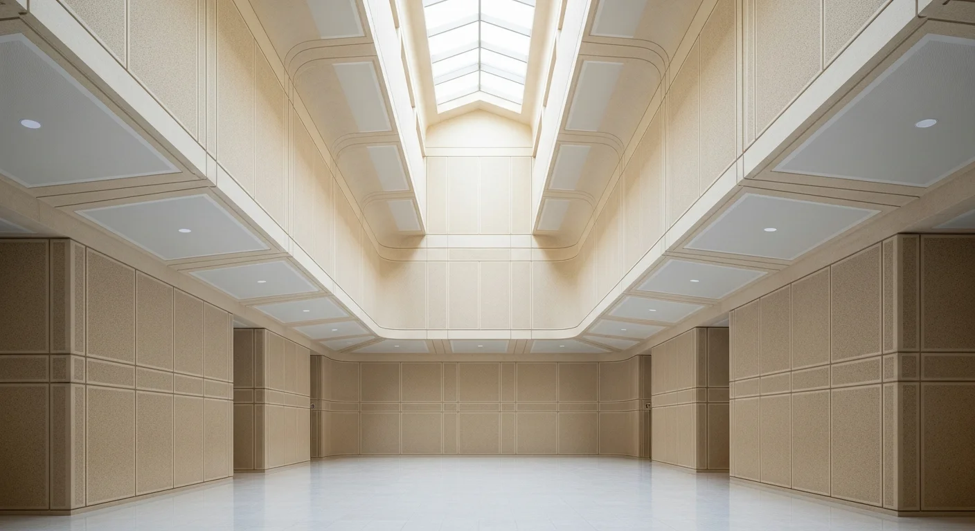 Concept of warm concrete wall panels and soffits in a daylit atrium