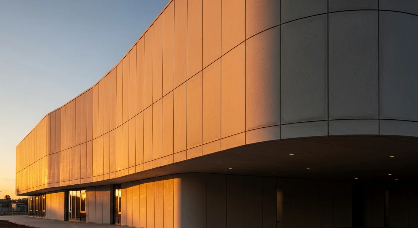 Architectural concept of curved concrete panels catching warm evening light